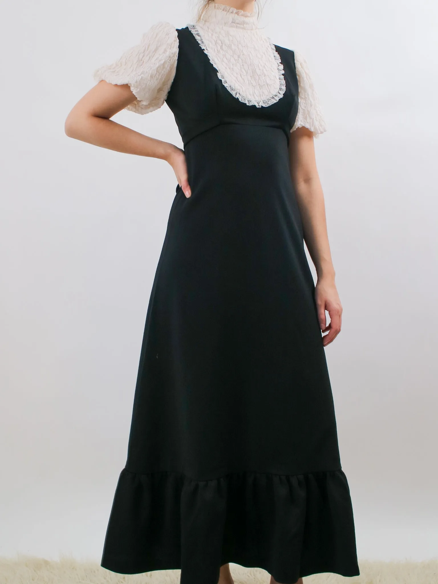 1970s Black Maxi Dress with Ruffled Bib and Puff Ruffle Sleeves