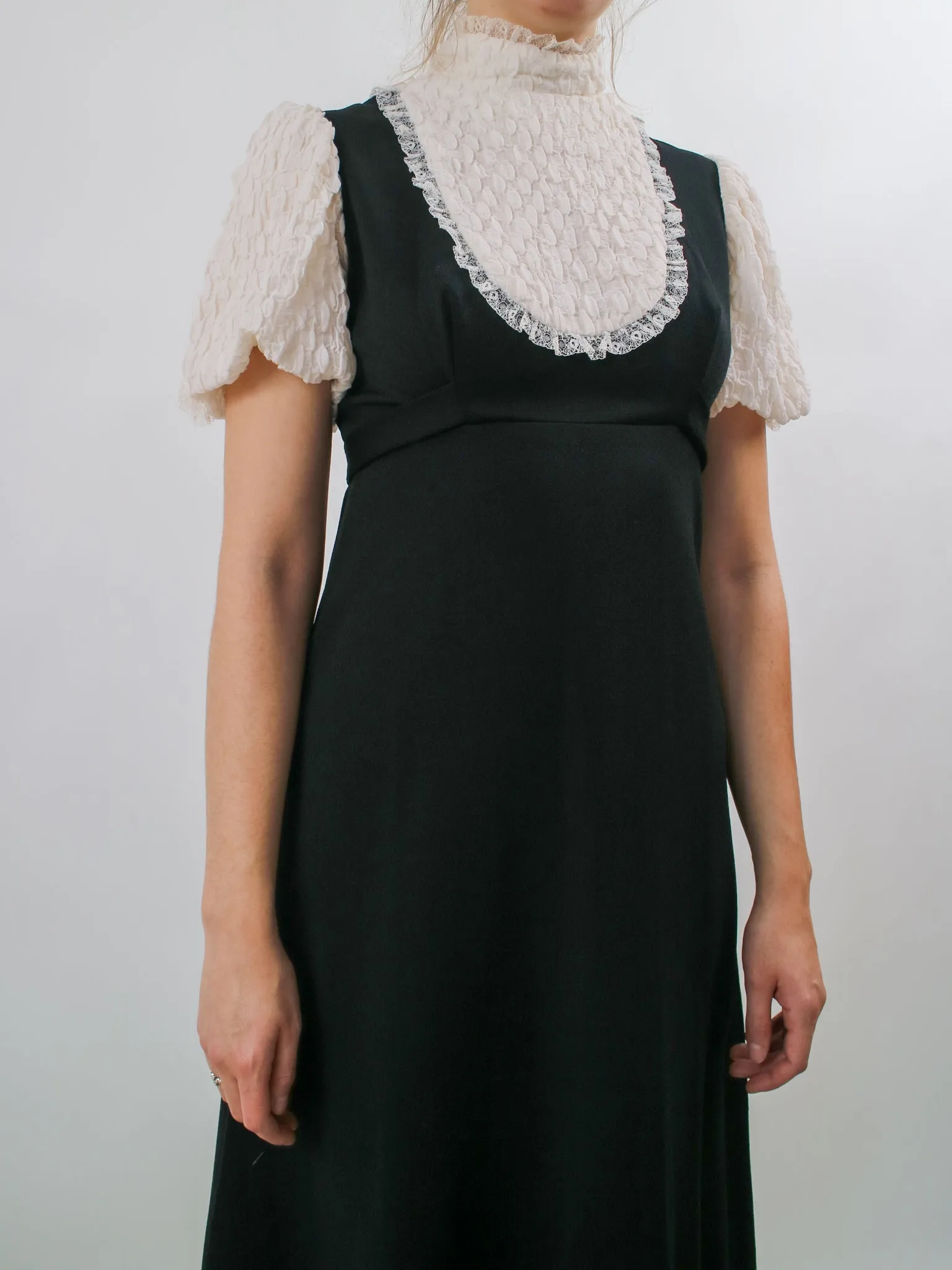 1970s Black Maxi Dress with Ruffled Bib and Puff Ruffle Sleeves