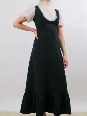 1970s Black Maxi Dress with Ruffled Bib and Puff Ruffle Sleeves