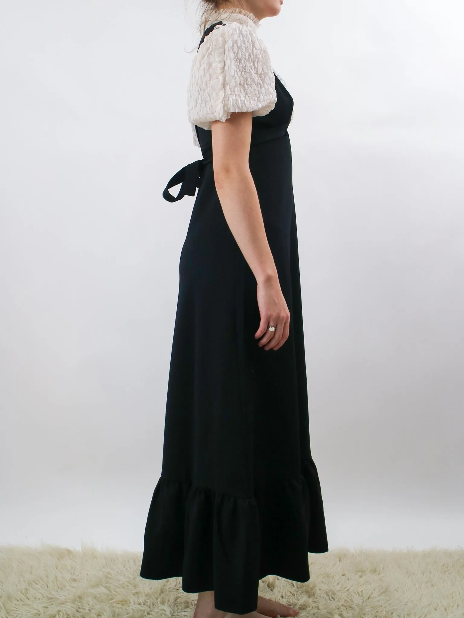 1970s Black Maxi Dress with Ruffled Bib and Puff Ruffle Sleeves