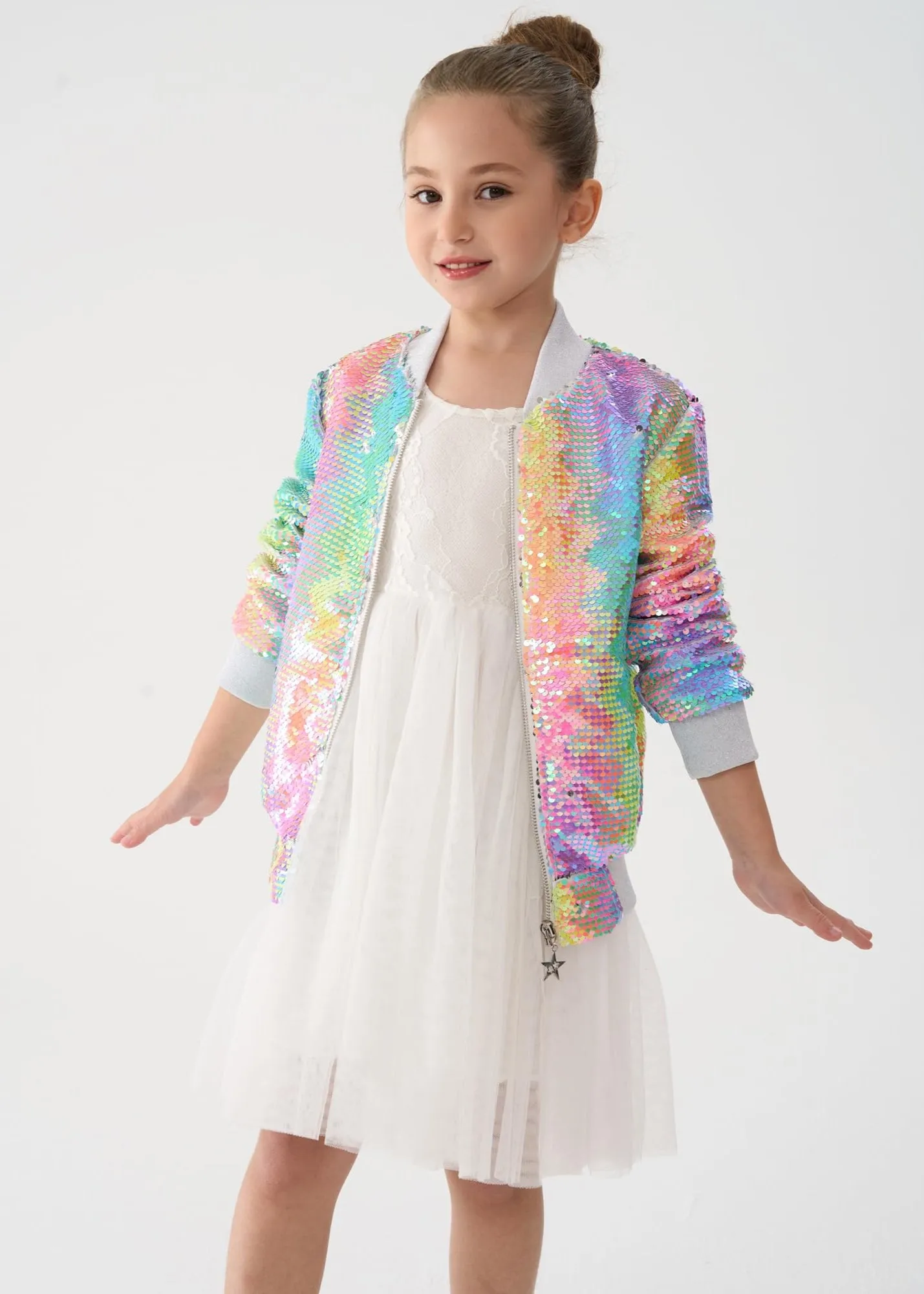 2Bunnies Girls' Spectrum Spark Sequin Bomber Jacket