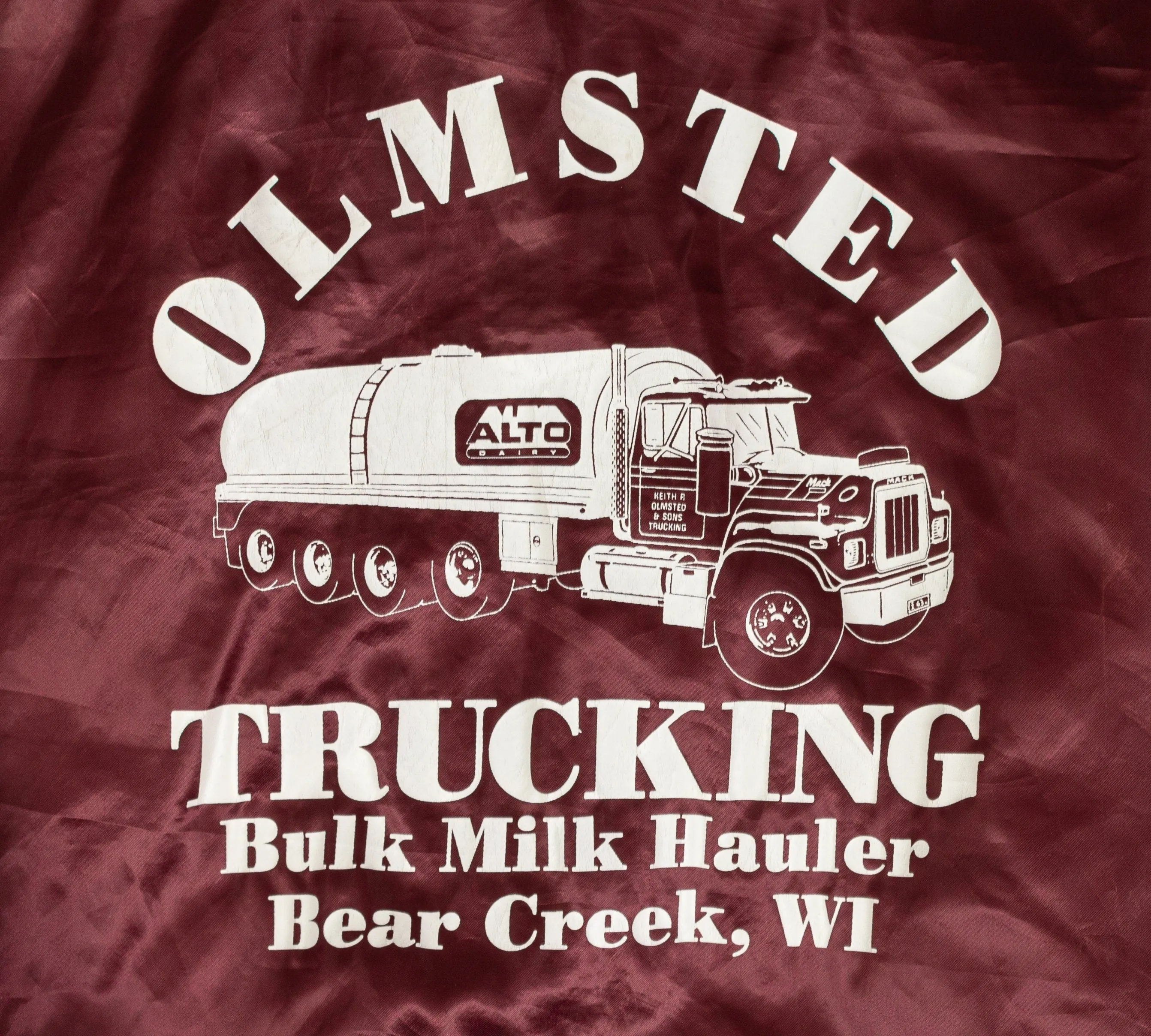 80s Olmsted Trucking Satin Varsity Jacket - Men's Large