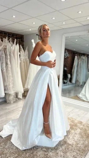 A-line Satin Strapless Elegant Vintage Dream Beach Long Wedding Dresses, Bridal Gown       fg6794