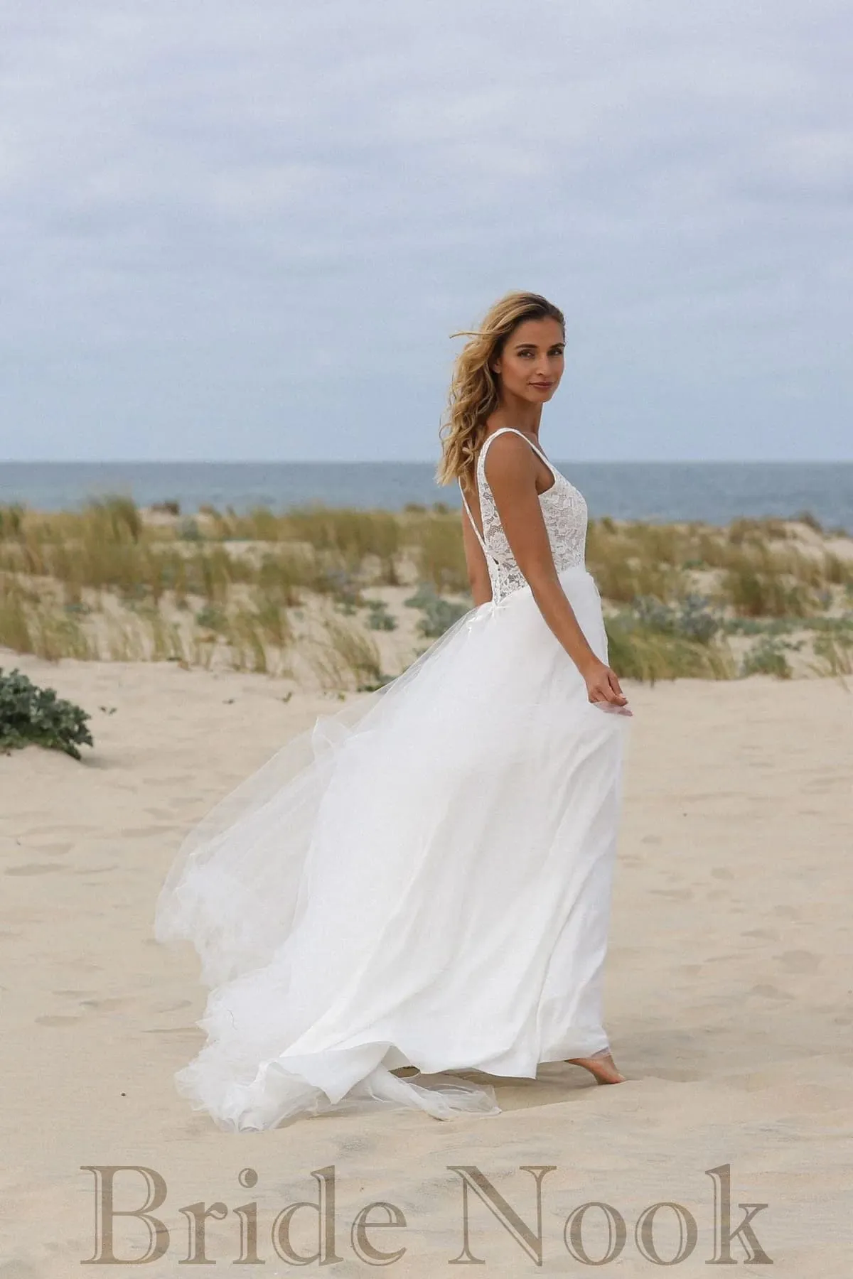 A Line V Neck Lace Wedding Dress With Tulle Skirt | Bride Nook