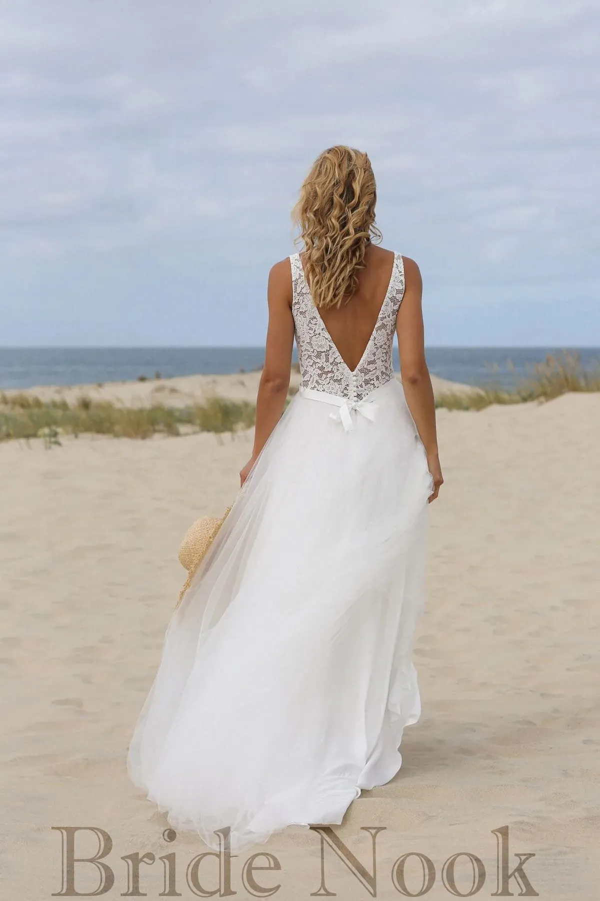 A Line V Neck Lace Wedding Dress With Tulle Skirt | Bride Nook