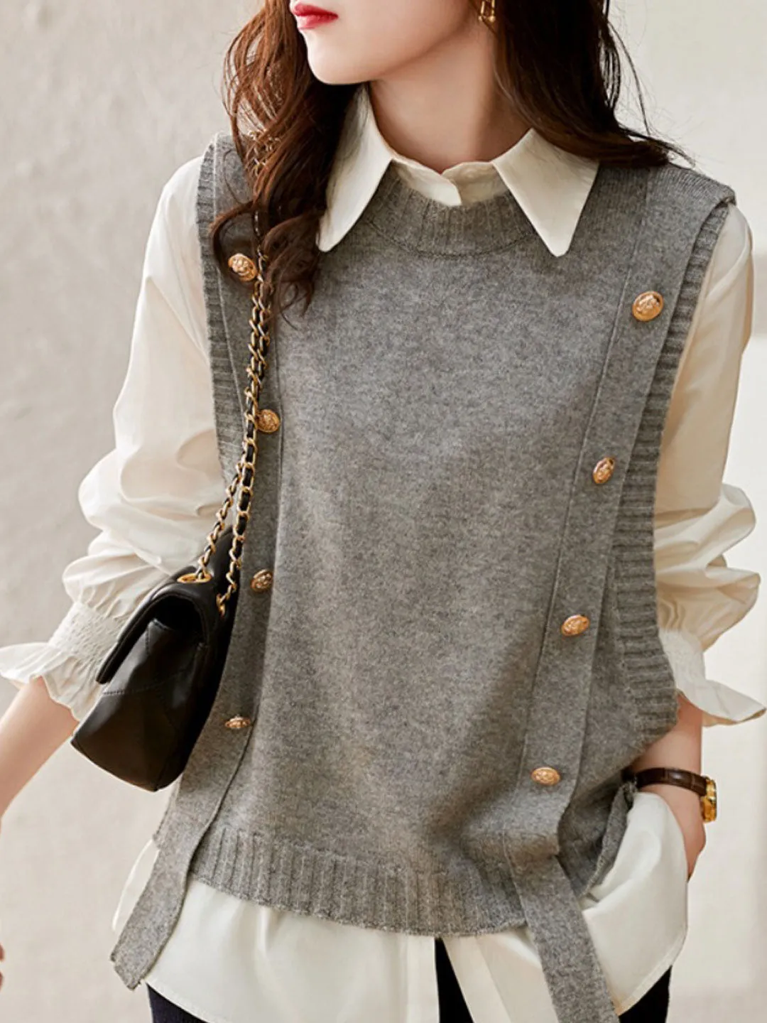 Abigail Loose Button Knitted Vest-Coffee