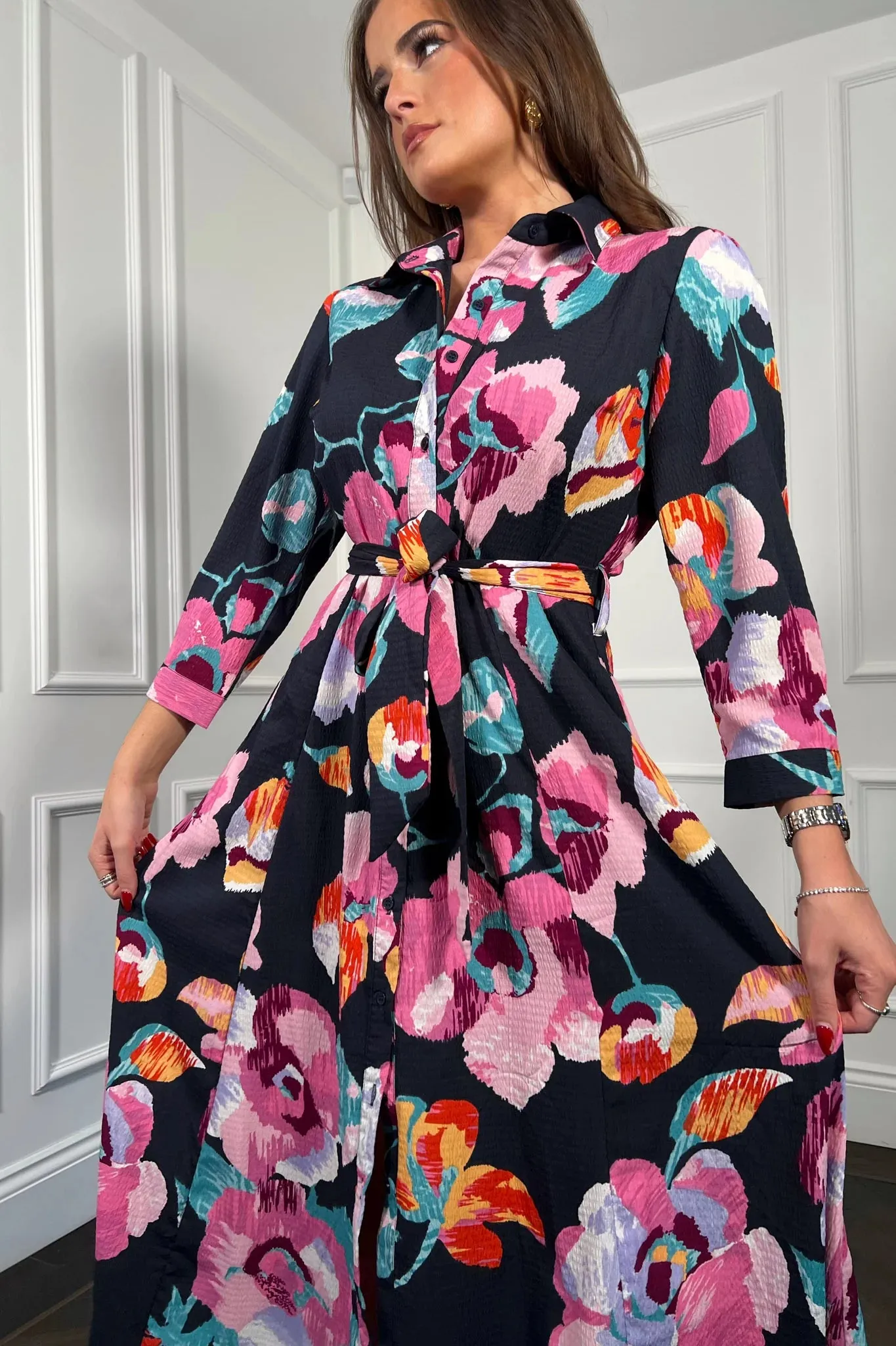 ANGELA FLORAL SHIRT DRESS (NAVY/PURPLE)