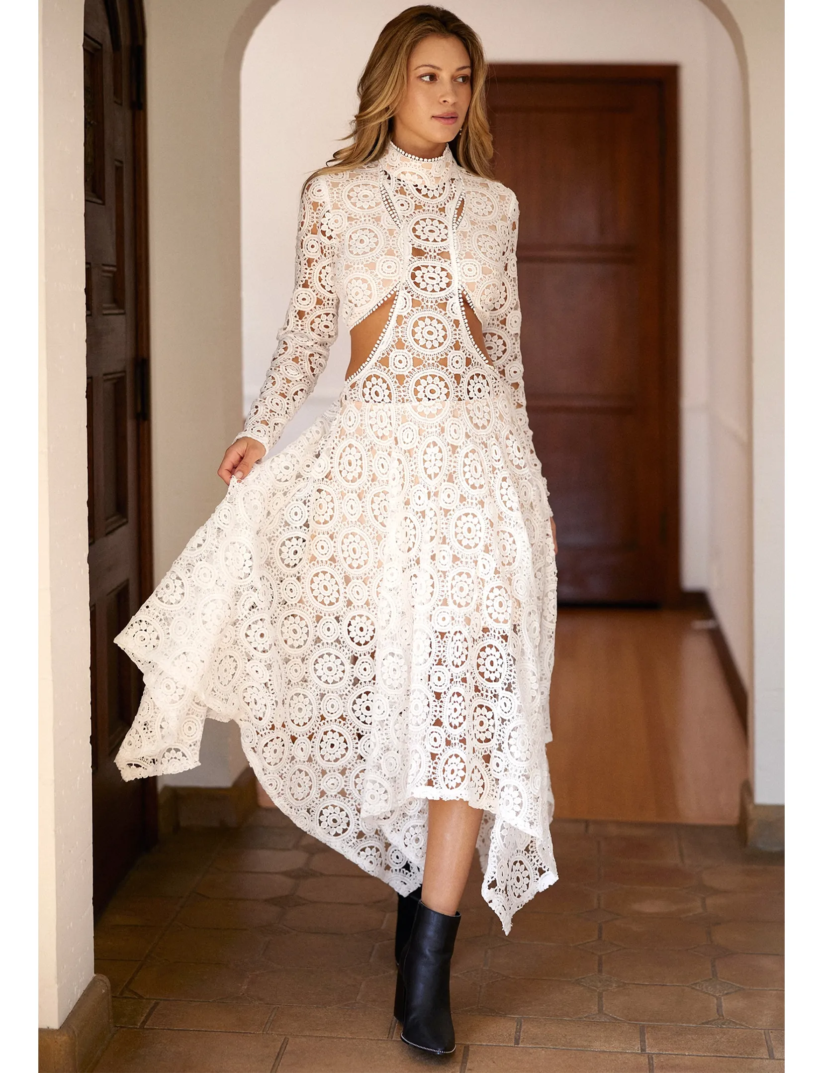 Artisan Crochet Lace Midi Dress, Off White