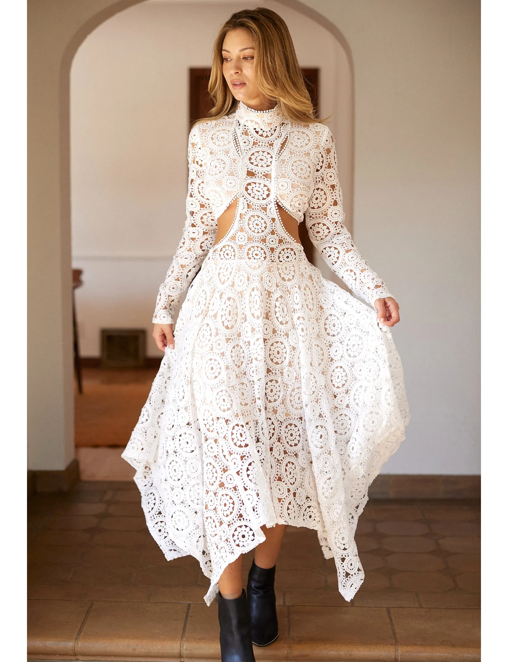 Artisan Crochet Lace Midi Dress, Off White