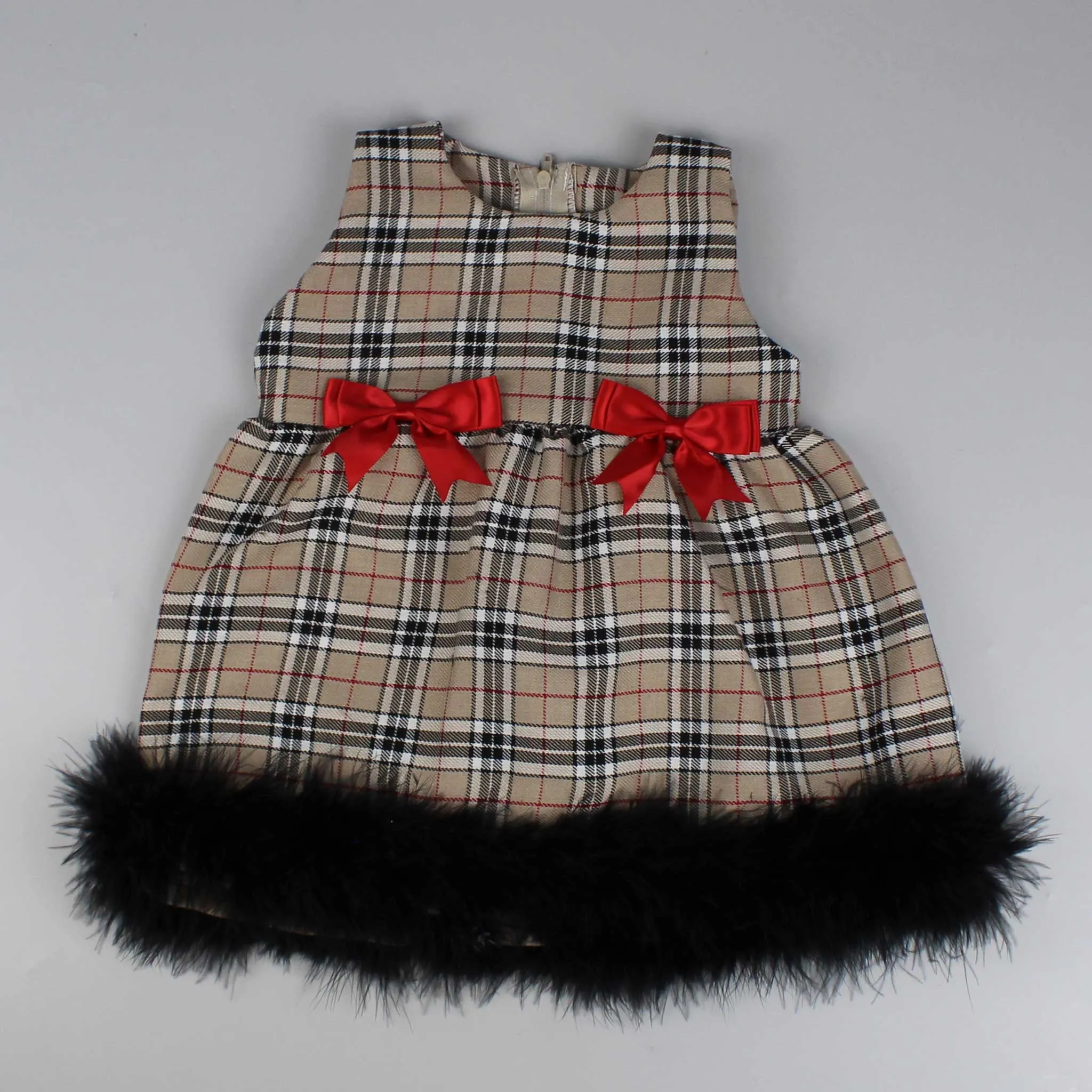 Baby Girls Beige Tartan Dress with Maribou Feather Trim