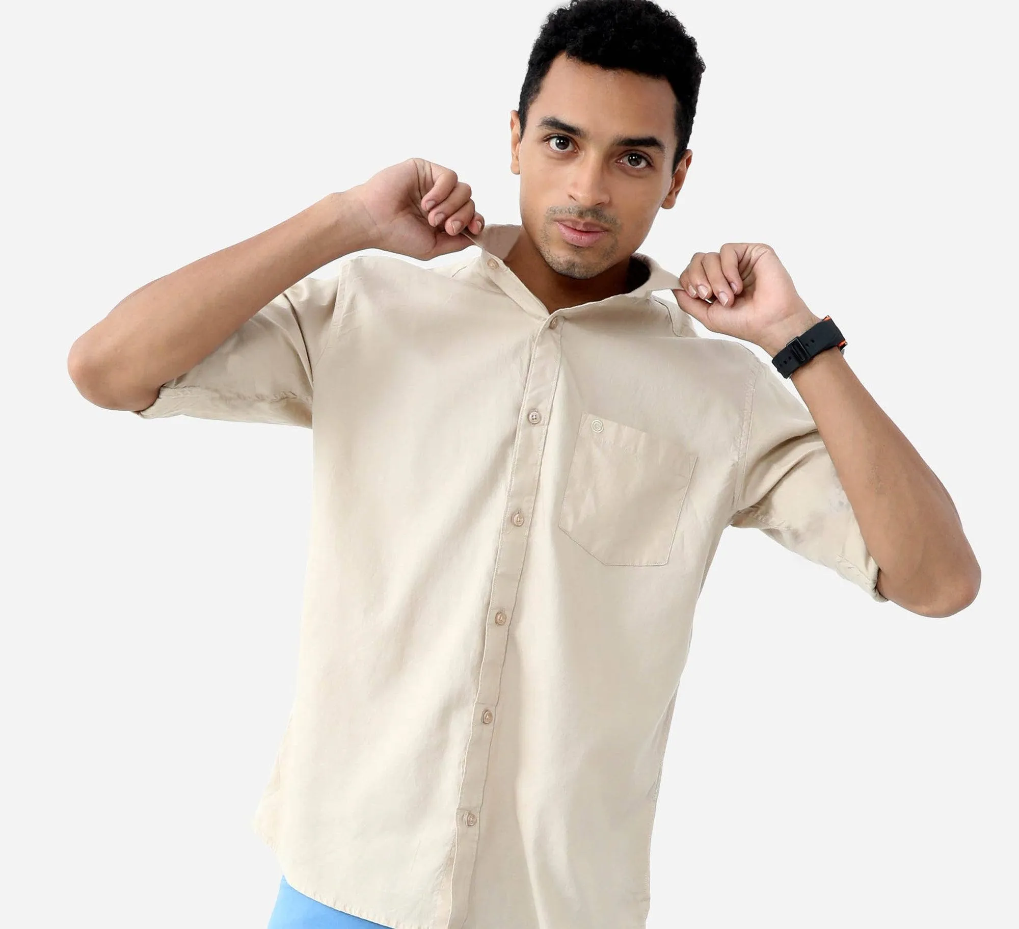 Beige Solid Cotton Full Sleeve Shirt