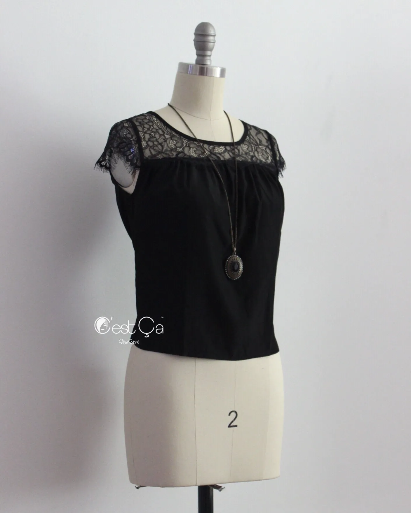 Berta Black Lace Cap Sleeve Top