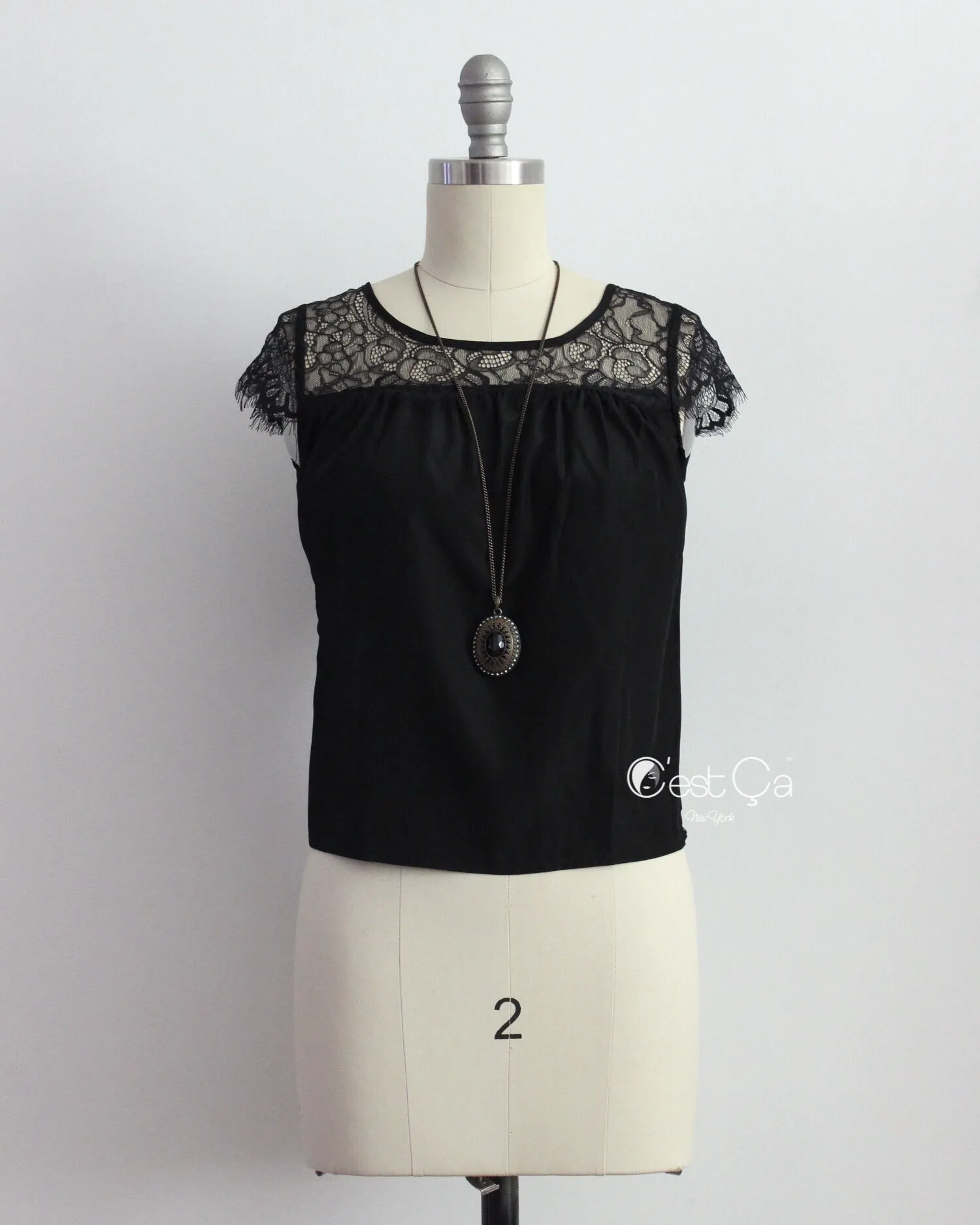 Berta Black Lace Cap Sleeve Top