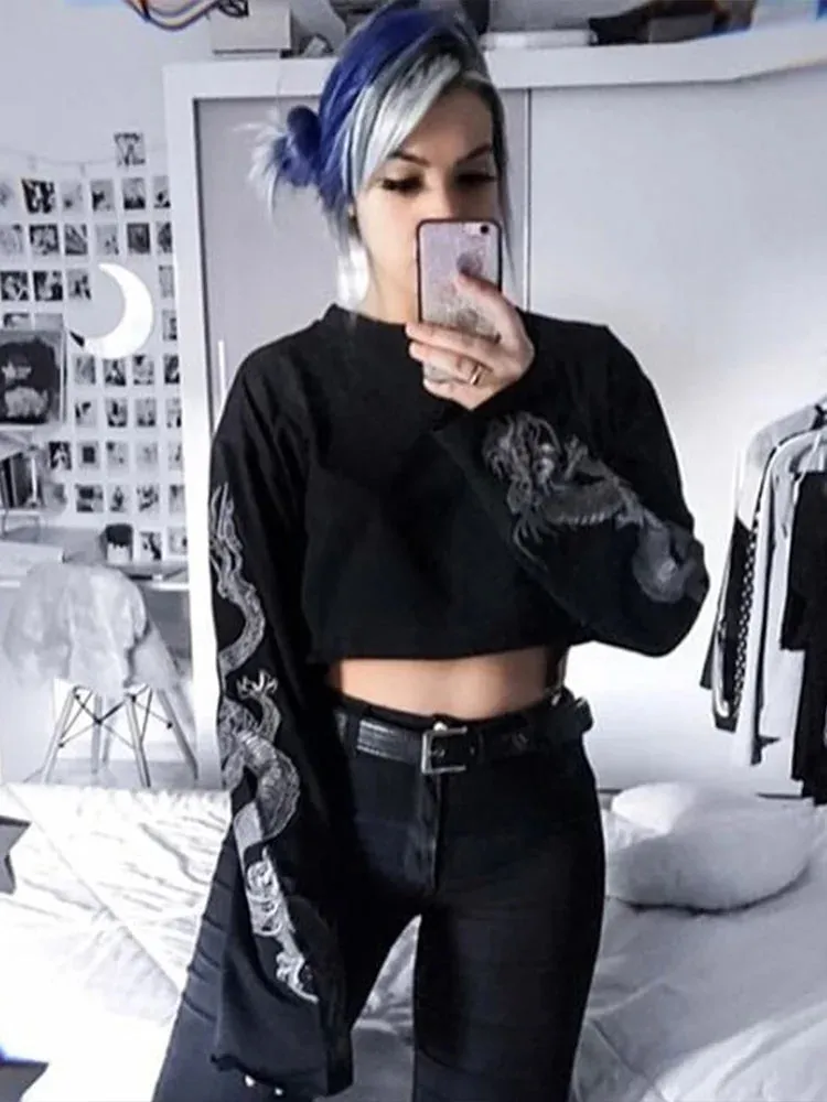 Black Crop Top Hoodie Gothic Punk Grunge Dragon Print