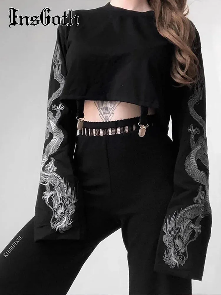 Black Crop Top Hoodie Gothic Punk Grunge Dragon Print