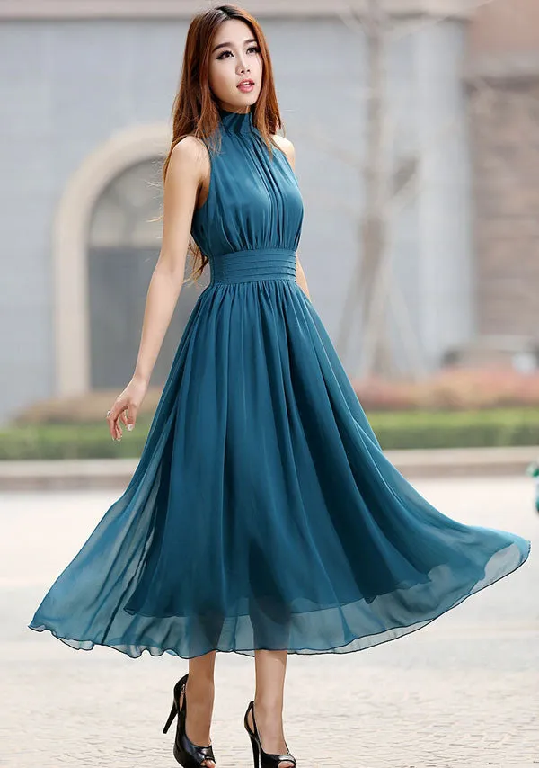 Blue Chiffon Sleeveless Dress  918#