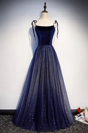 Blue Velvet Tulle Long Prom Dresses, Lovely A-Line Graduation Dresses