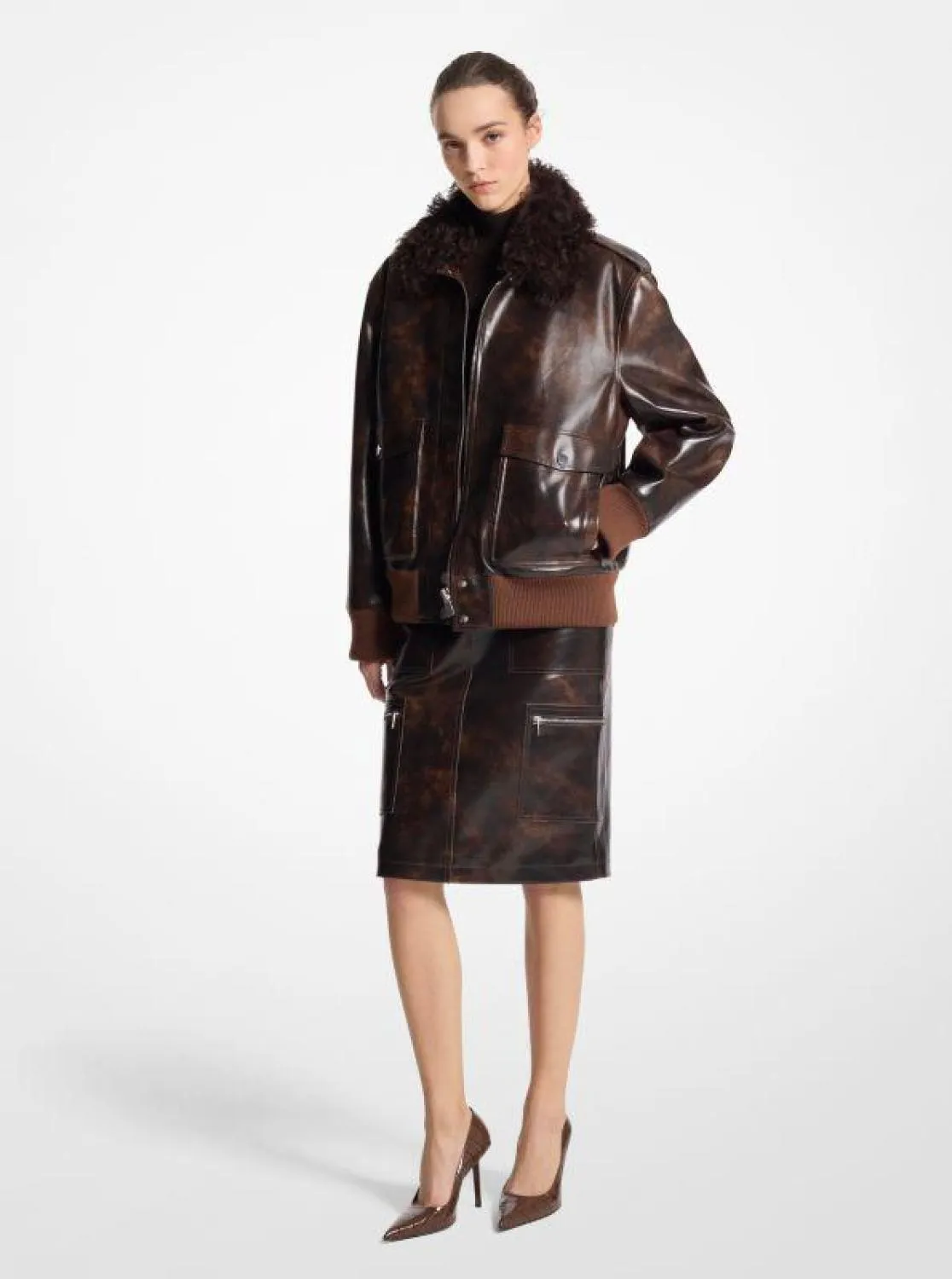 Burnished Leather and Shearling Bomber Jacket