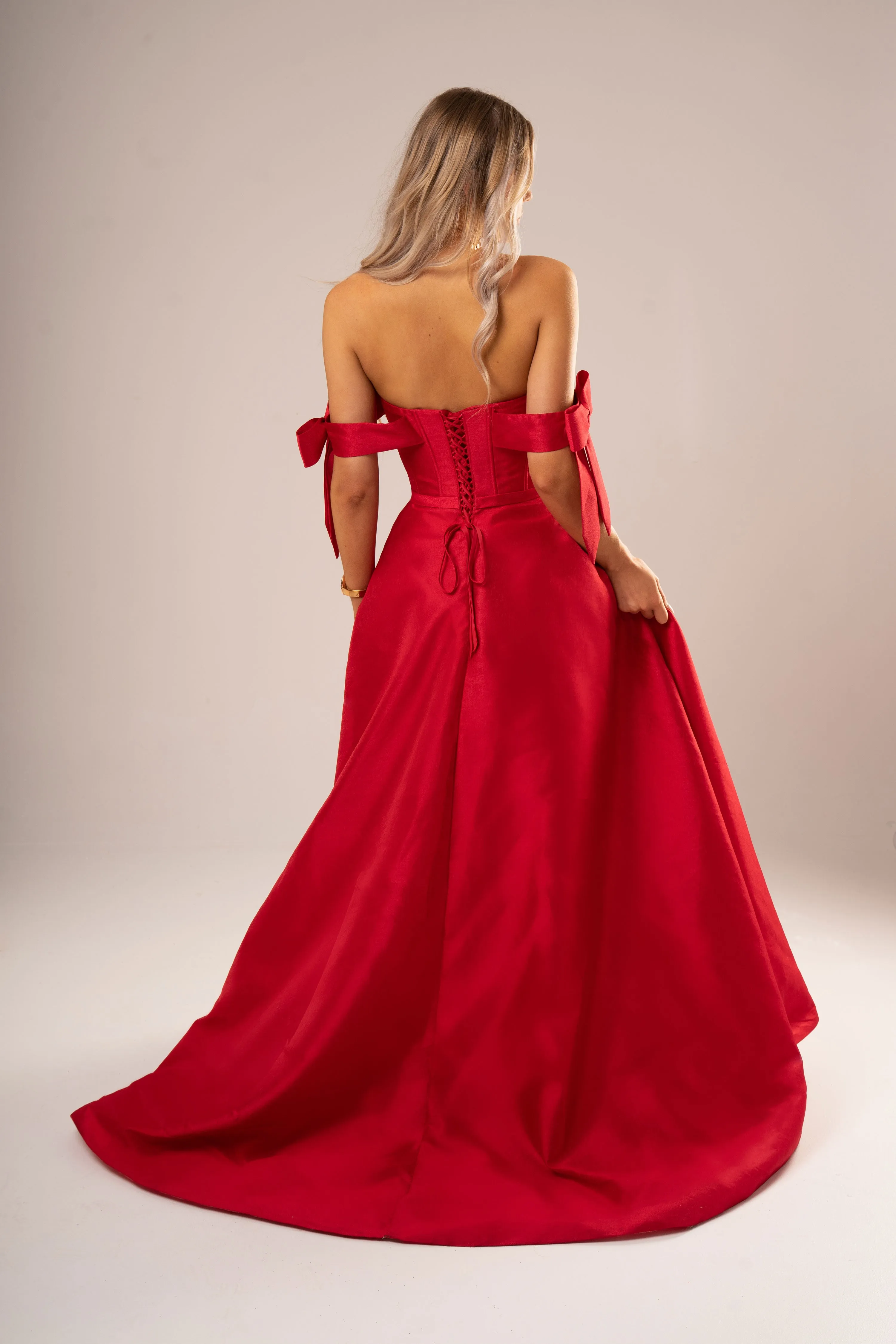 Bustier corset red taffeta dress with bows