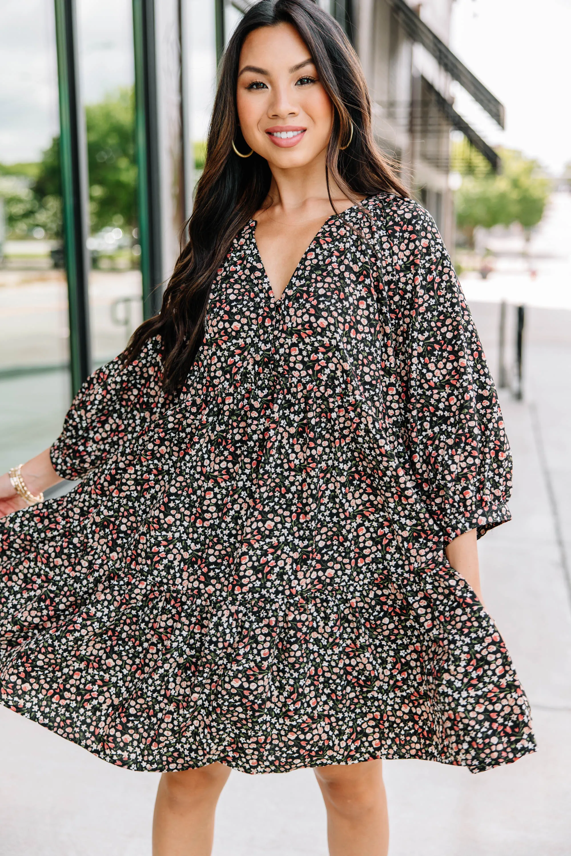 Can't Be Outdone Black Ditsy Floral Dress