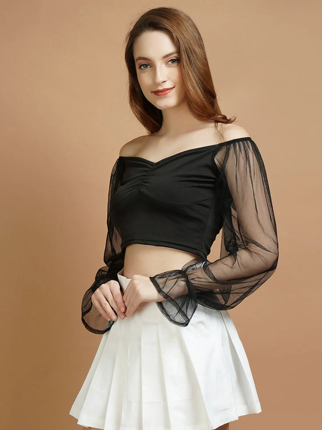 Casual Net Sleeves Black Lycra Top