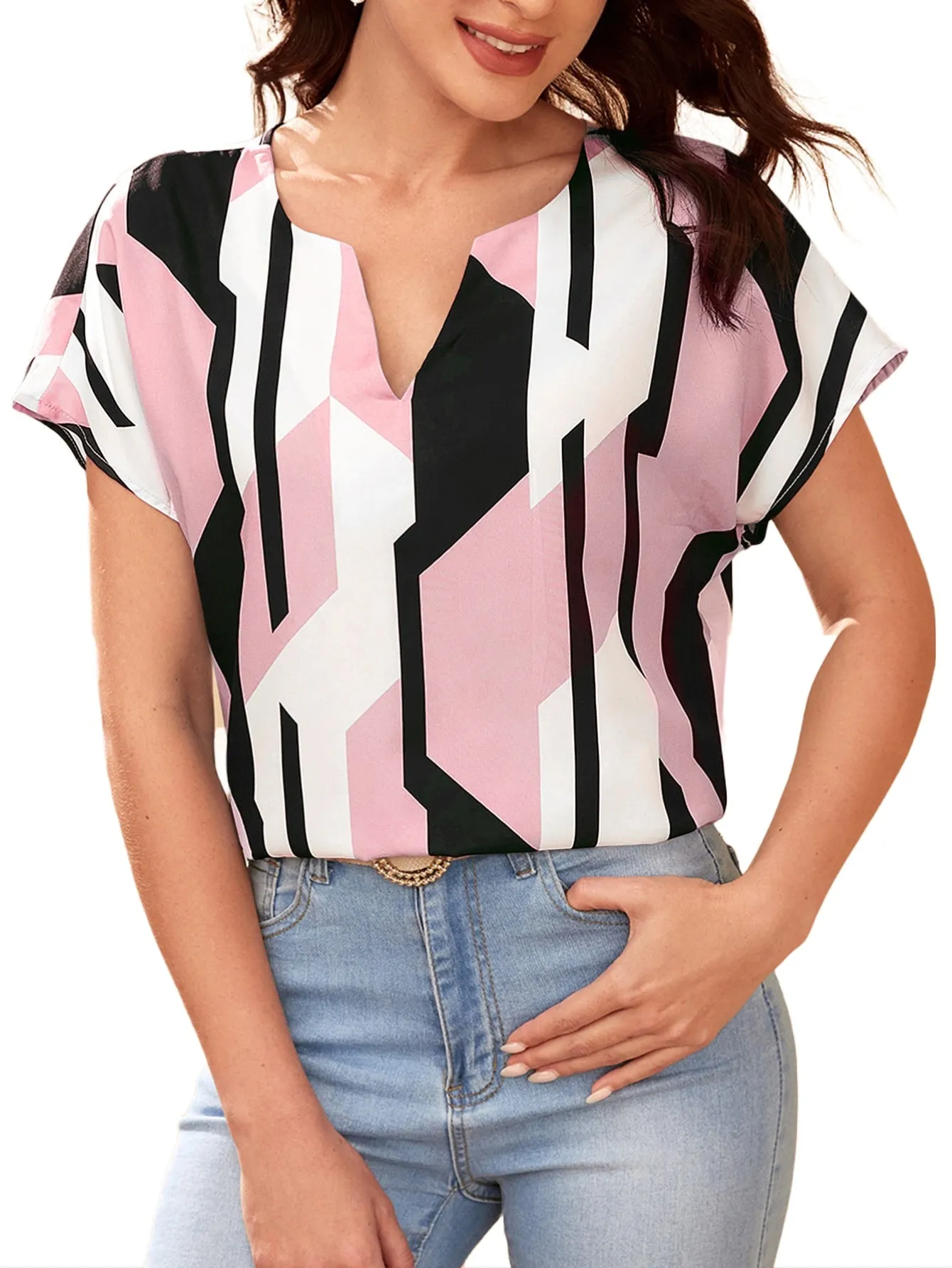 Classy V Neck Geometric Print Crepe Top