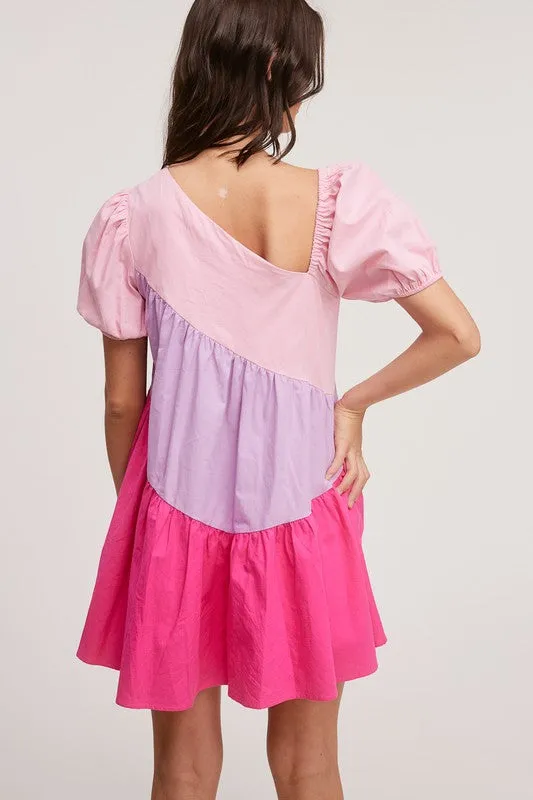 Colorblock Delight Pink Babydoll Dress