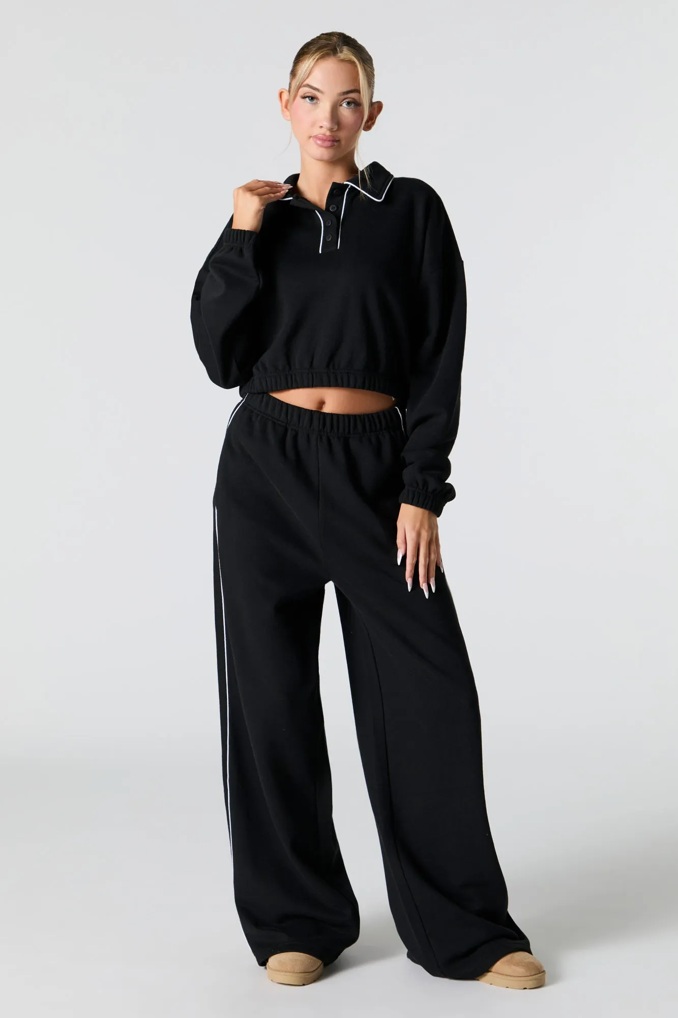 Contrast Stitch Fleece Wide Leg Sweatpant