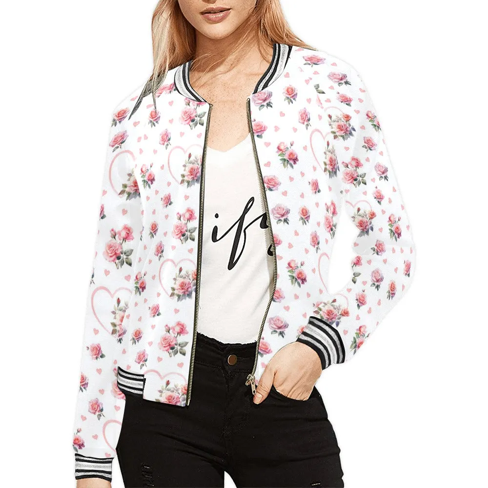 Coquette Hearts and Roses Bomber Jacket for Women