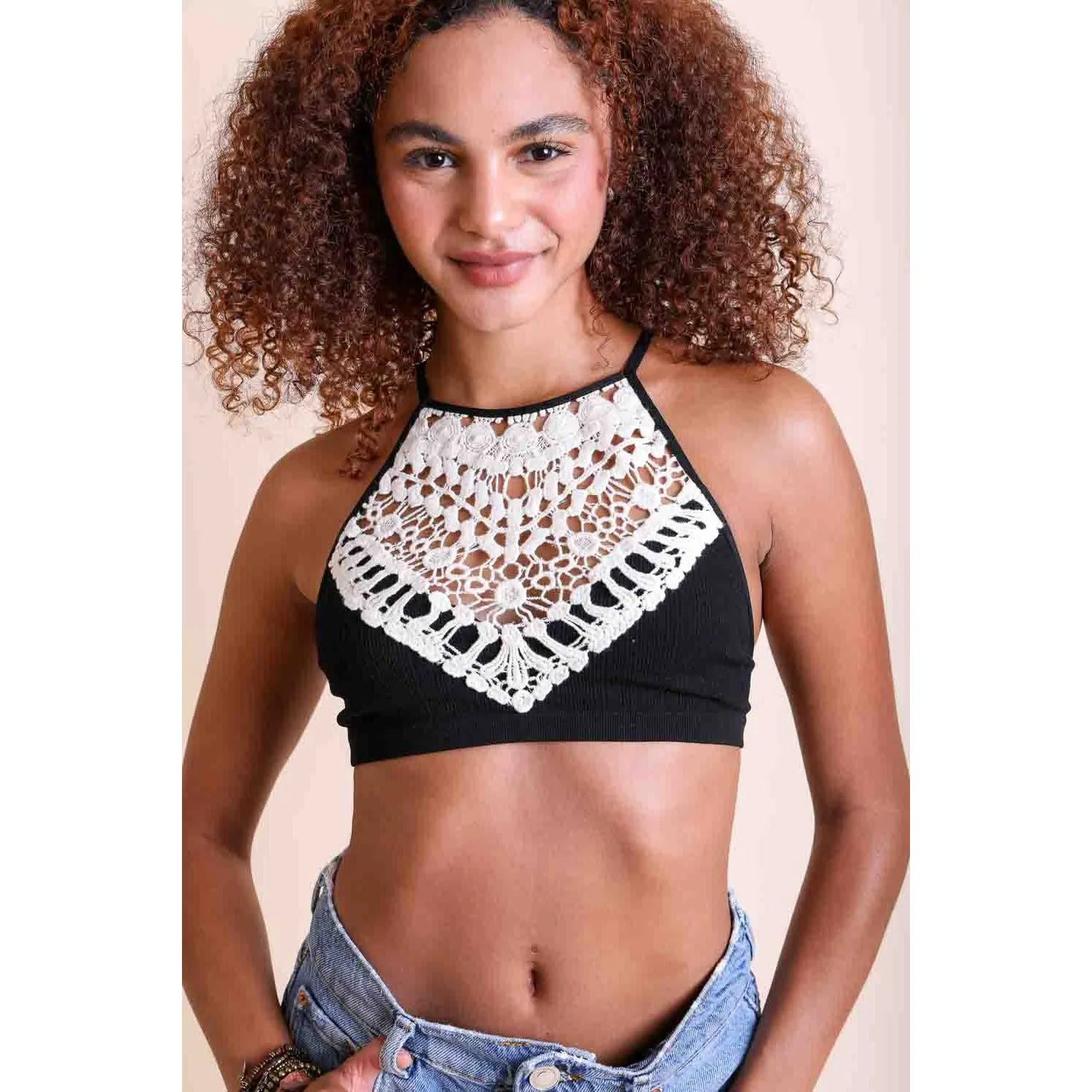 Crochet Lace High Neck Bralette - Black