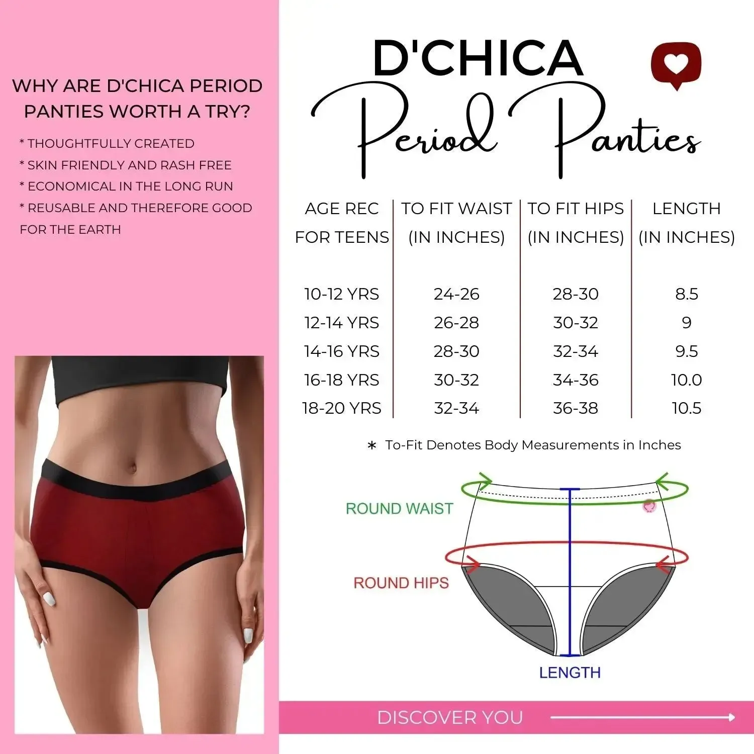 D'chica Queen Eco-Friendly Period Panties - Maroon, No Pad Required, PFOS PFAS Free