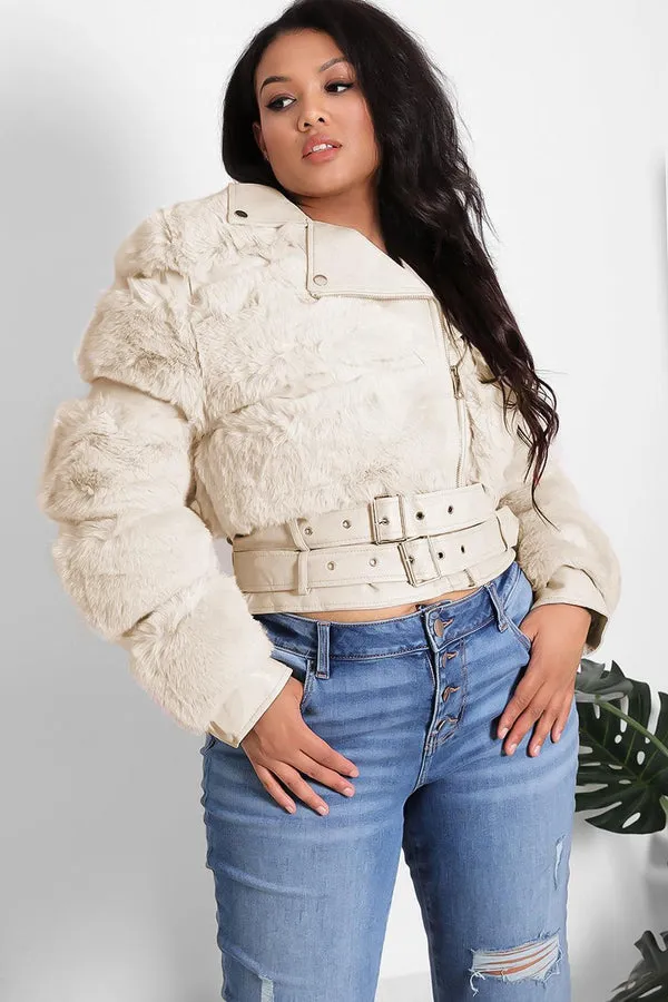 FAUX FUR BELTED LEATHER LOOK TRIM BEIGE BIKER JACKET