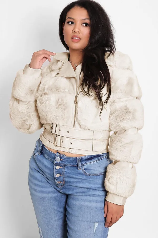 FAUX FUR BELTED LEATHER LOOK TRIM BEIGE BIKER JACKET