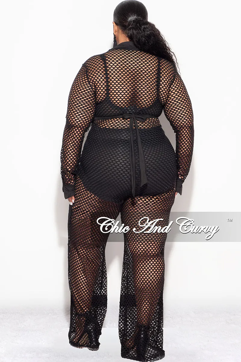 Final Sale Plus Size 2pc Fishnet Faux Wrap Tie Top and Pants Set in Black