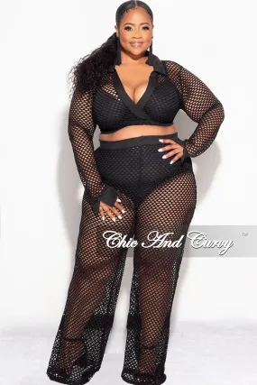 Final Sale Plus Size 2pc Fishnet Faux Wrap Tie Top and Pants Set in Black