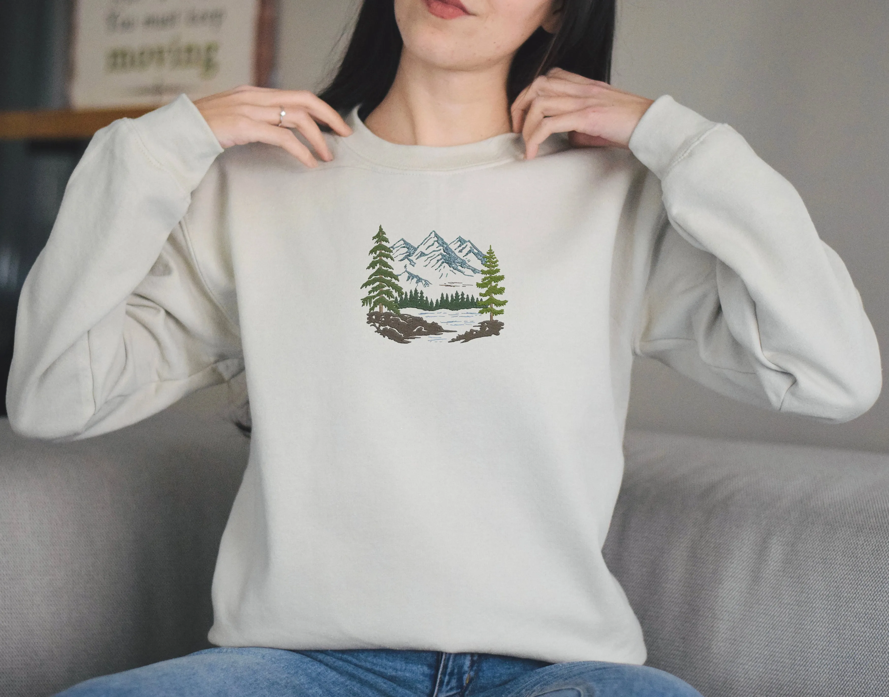 Forest Pine Trees and Mountains Lake Embroidered Sweatshirt, Forest Embroidered Sweatshirt ,Nature Scene Embroidered Sweatshirt