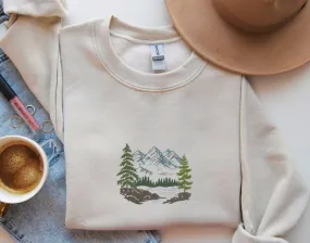 Forest Pine Trees and Mountains Lake Embroidered Sweatshirt, Forest Embroidered Sweatshirt ,Nature Scene Embroidered Sweatshirt