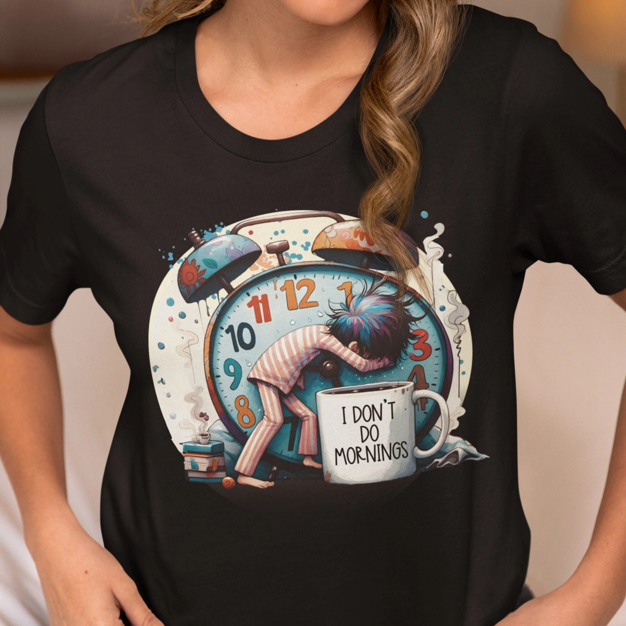 Funny Alarm Clock T-Shirt, I Don't Do Mornings, Sleepyhead Graphic Tee, Unique Illustration, Comfy Casual Wear, Unisex Gift Idea