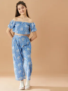 Girls Floral Printed Pure Cotton Off-Shoulder Top With Trousers - Ps Peaches