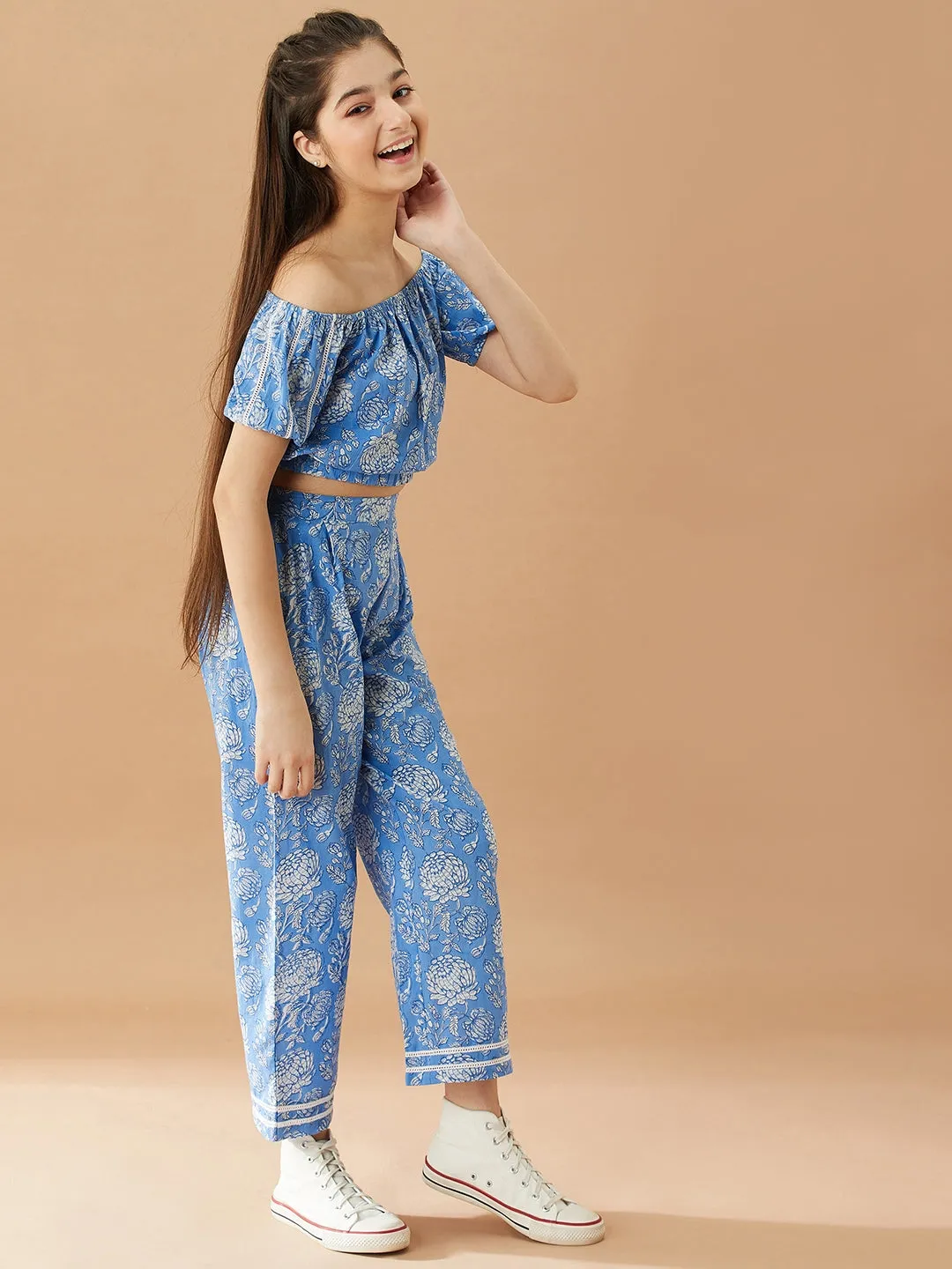 Girls Floral Printed Pure Cotton Off-Shoulder Top With Trousers - Ps Peaches