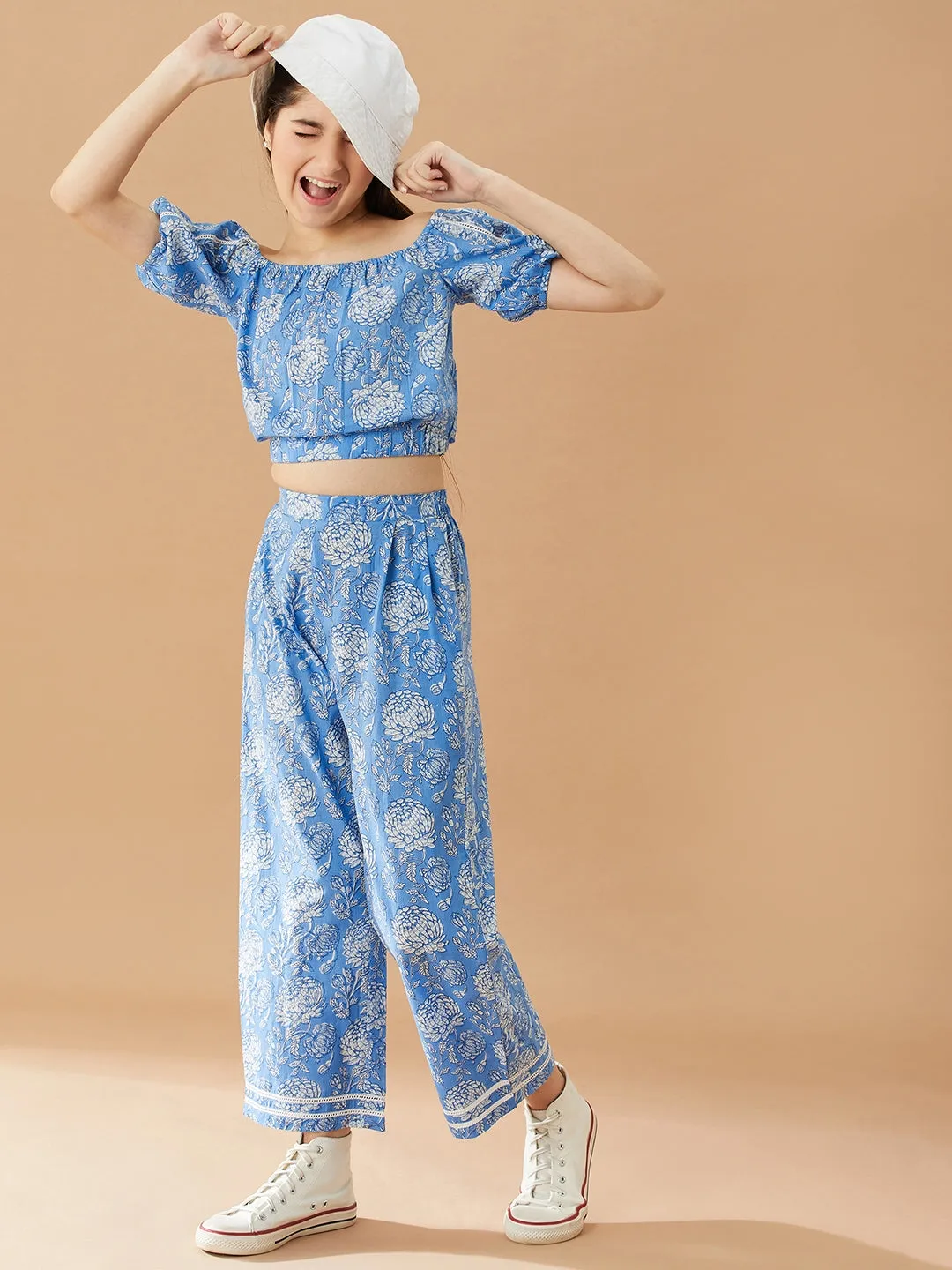 Girls Floral Printed Pure Cotton Off-Shoulder Top With Trousers - Ps Peaches