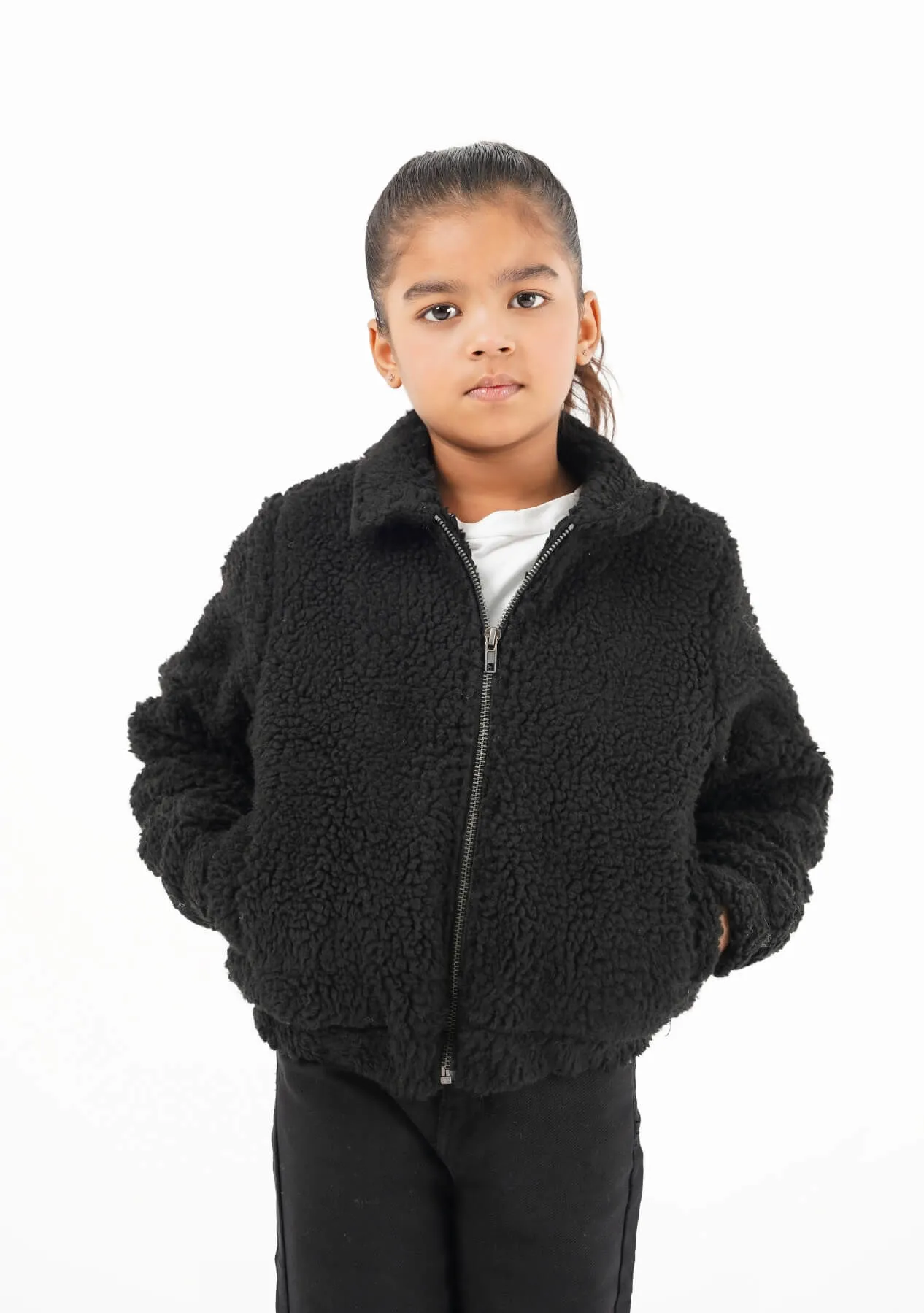 Girls Teddy Faux Fur Bomber Jacket - black