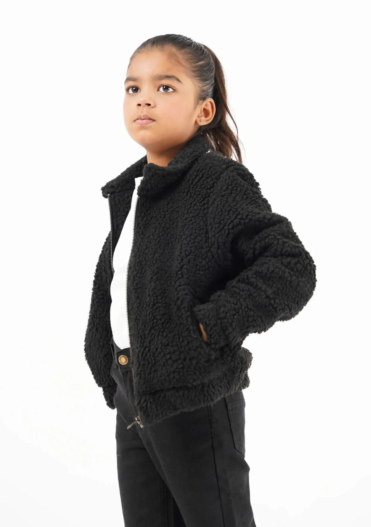 Girls Teddy Faux Fur Bomber Jacket - black