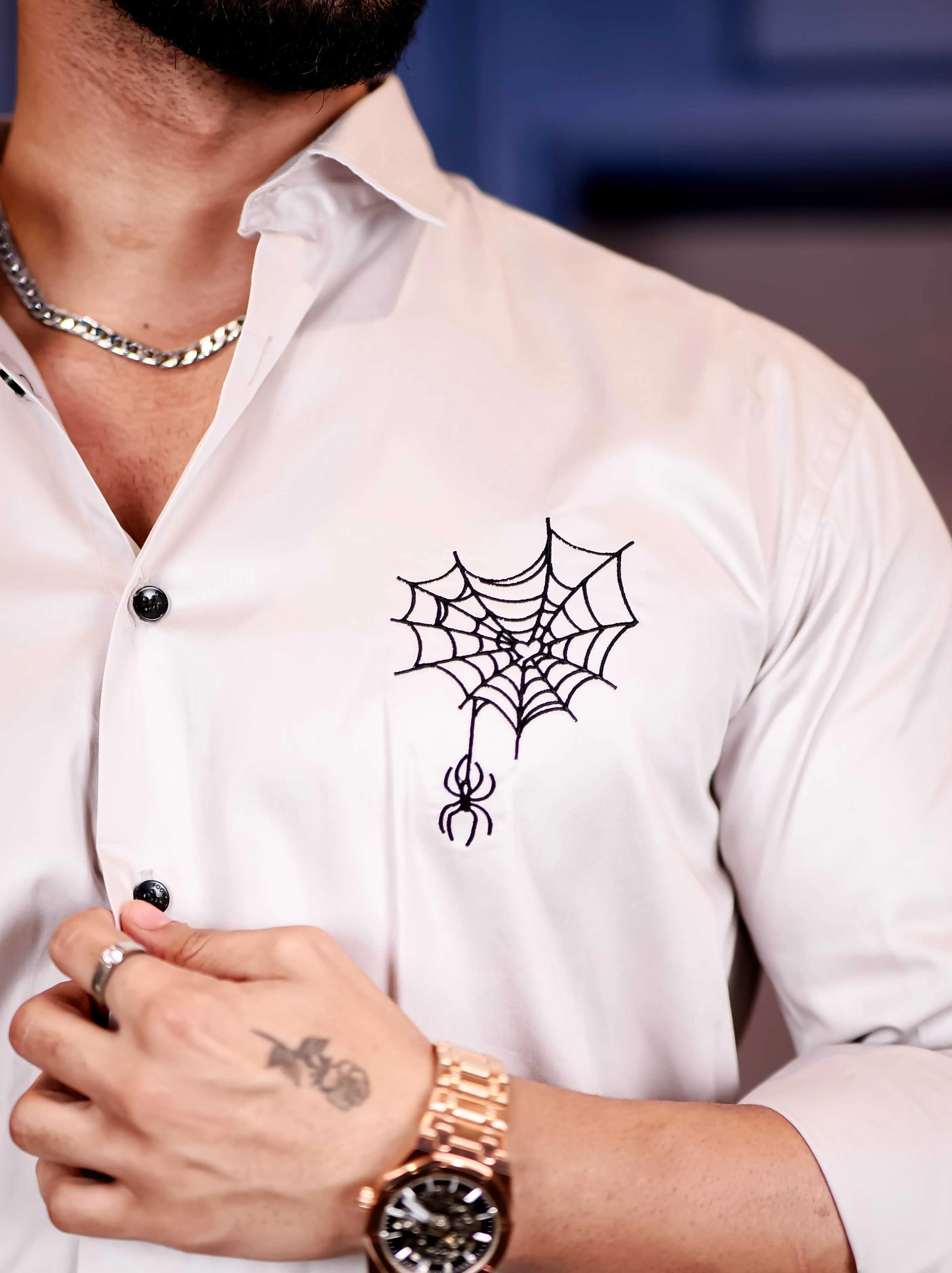 Grey Spider Embroidered Premium Cotton Shirt For Men