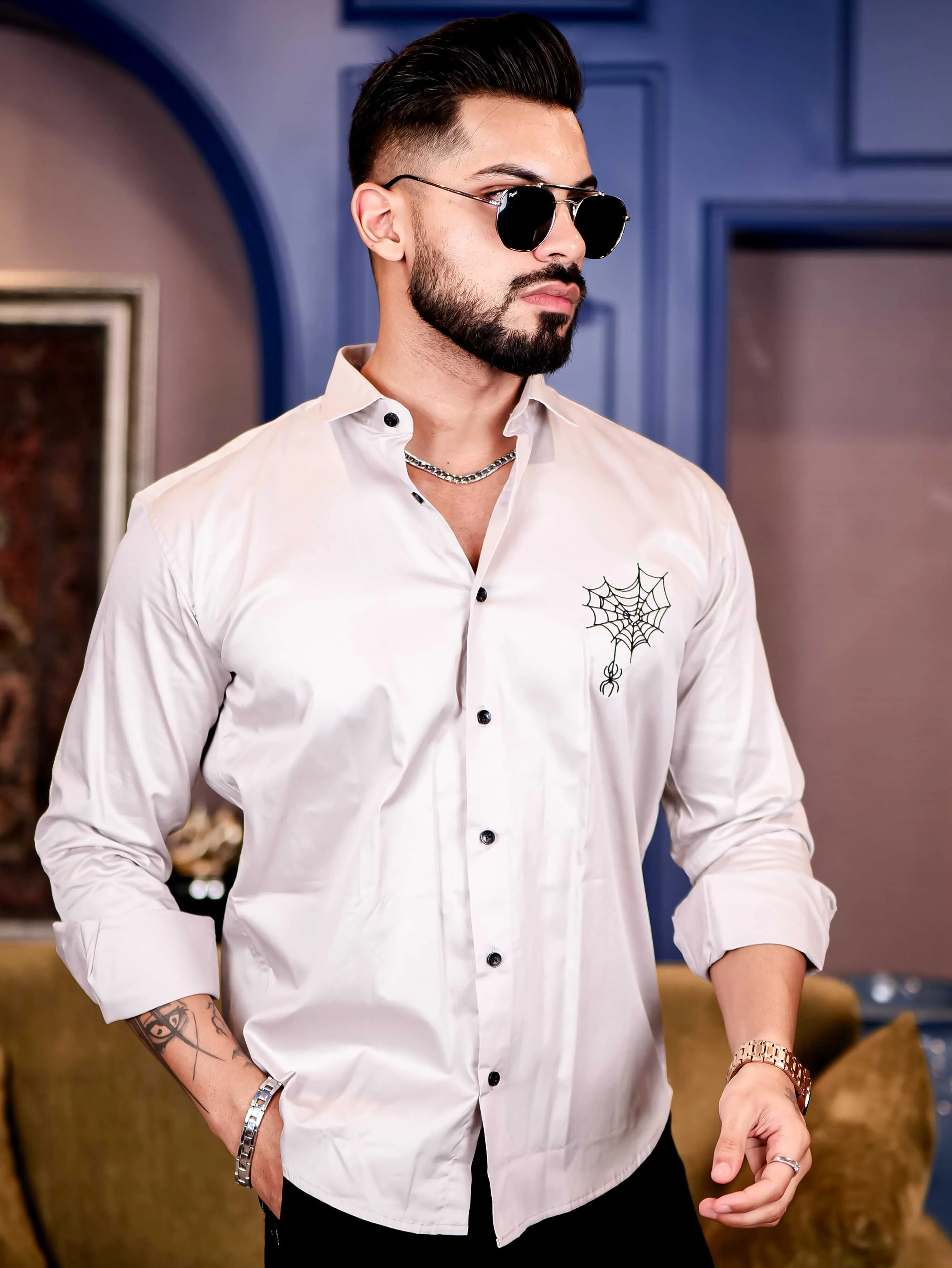 Grey Spider Embroidered Premium Cotton Shirt For Men