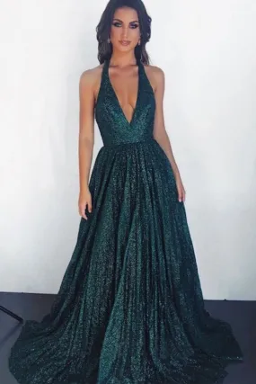 Halter V Neck Backless Green/Burgundy/Champagne Long Prom Dress, Shiny Backless Green/Burgundy/Champagne Formal Evening Dress