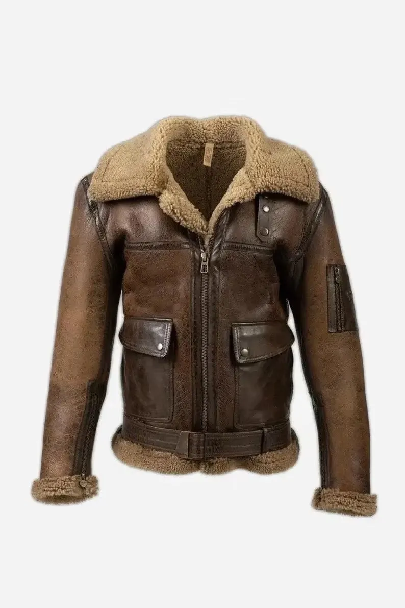 Handmade B3 Bomber Aviator Shearling Fur Jacket | Sheepskin Shearling Fur Flying pilot Winter Jacket | Men's Brown RAF Real Leather Jacket