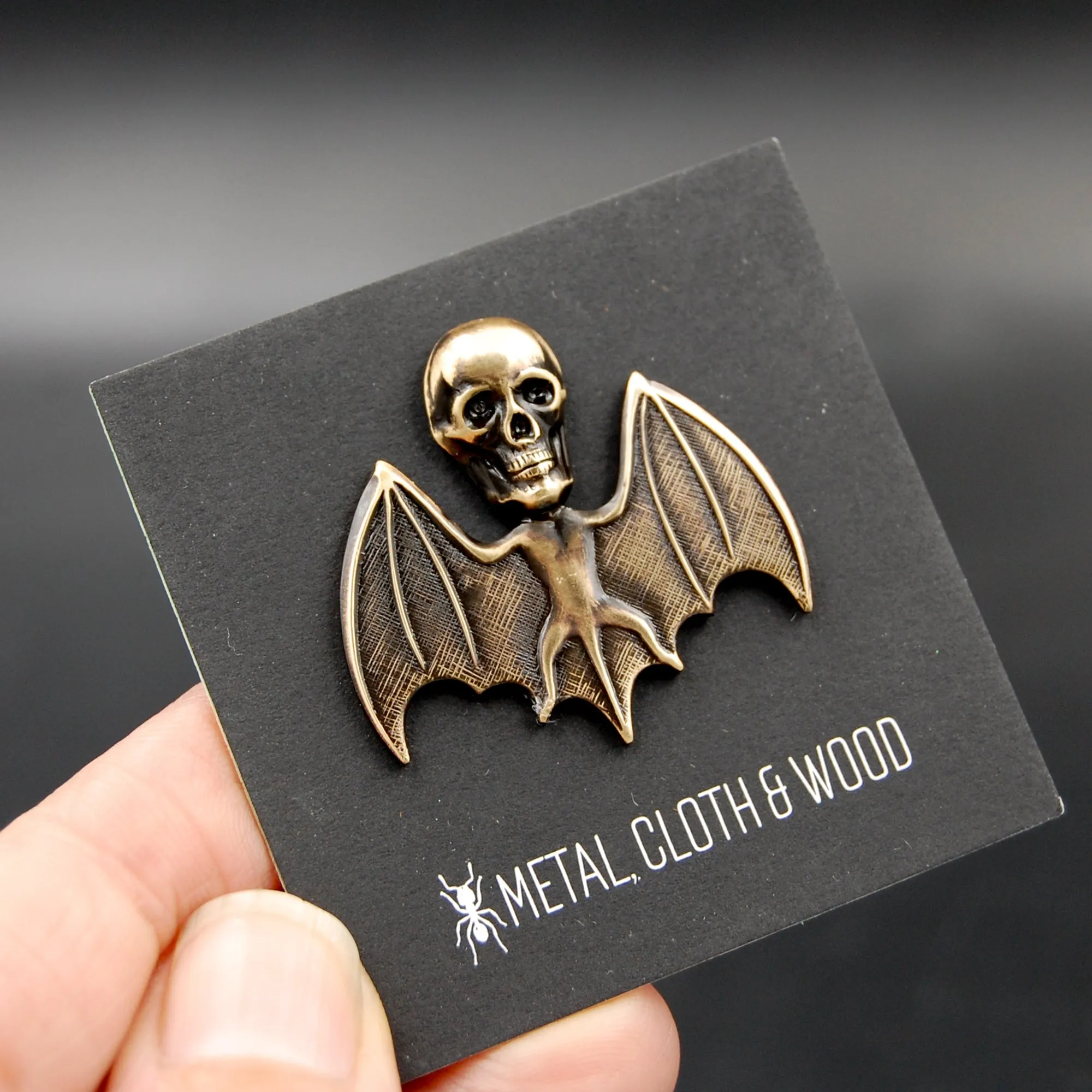 Handmade Flying Bat with Human Skull Pin, Unique Brooch Perfect for Halloween