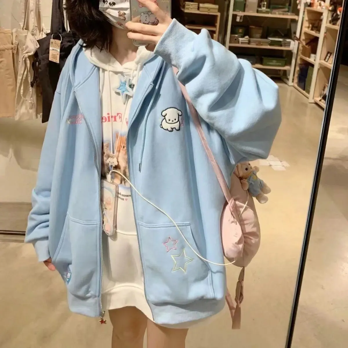 Harajuku Kawaii Japanese Zip Up Women Hoodie Pink Hooded Sweatshirt Long Sleeve Top Soft Gilrs