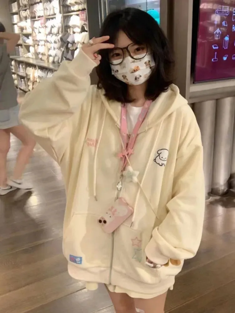 Harajuku Kawaii Japanese Zip Up Women Hoodie Pink Hooded Sweatshirt Long Sleeve Top Soft Gilrs